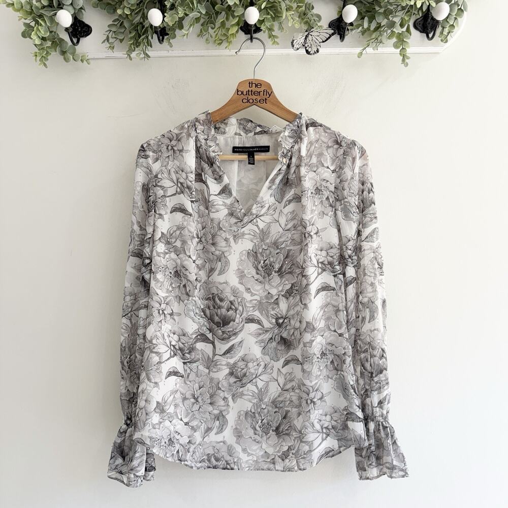 White House Black Market Grey Floral Ruffle Blouse Size 2 17-60